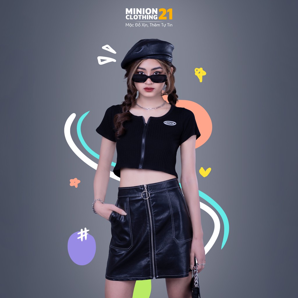 Chân váy da dáng chữ A MINION CLOTHING dài trên gối Ulzzang Streetwear Hàn Quốc chất da dày dặn không bong tróc V2805