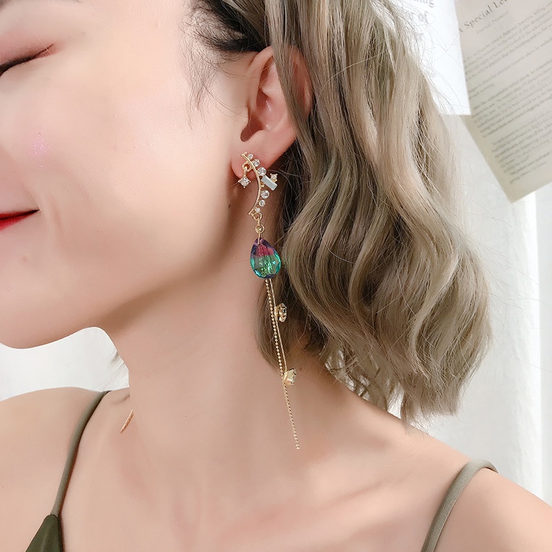 Khuyên tai Pinkdudu PD740 hợp kim dát đá xanh dương đính tua rua thời trang cho nữ