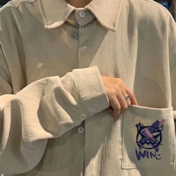 in Bình thường Áo khoác sơ mi Sự đơn giả tạo chiều rộng trong họa tiết cá tính thời trang hàn quốc cho nam cặ đôi áo sơ mi khuôn viên Bình thường áo sơ mi nam nhung tăm fresh from rộng áo sơ mi nam unisex