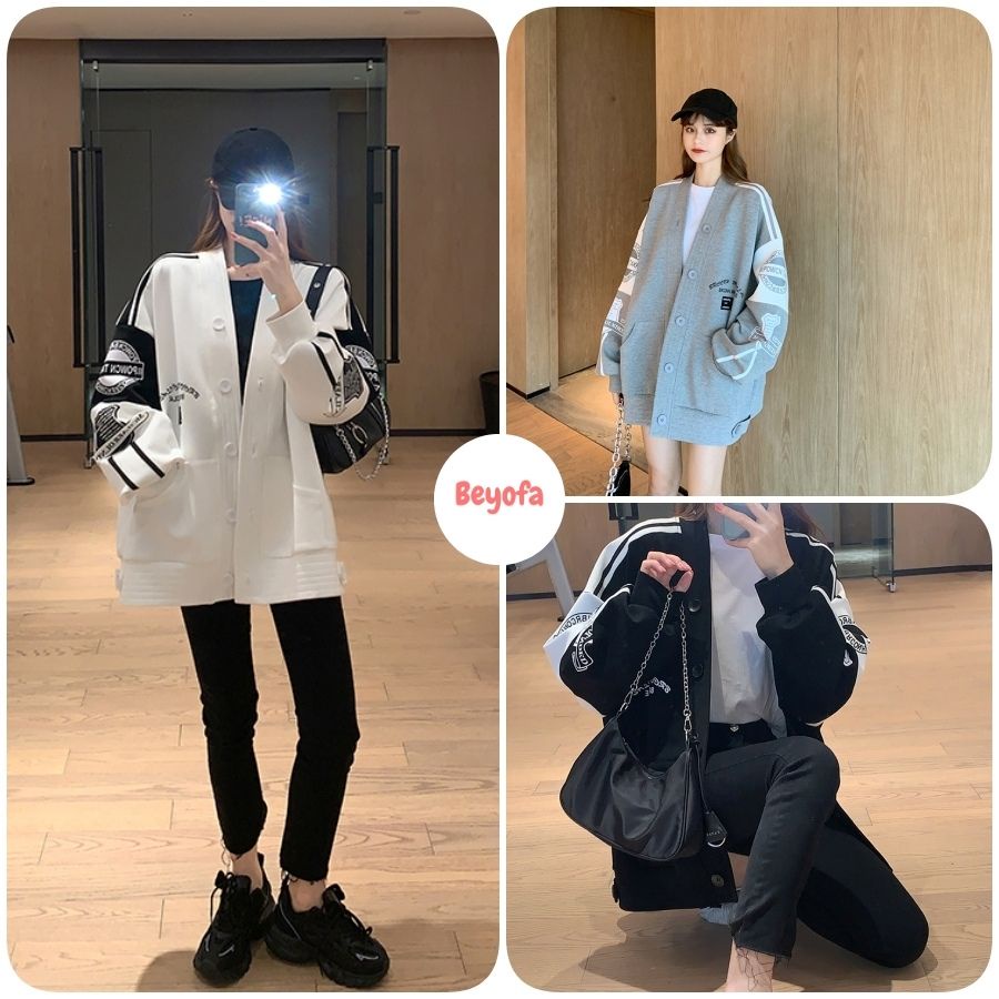 Áo cardigan in logo chữ brcon- Áo Khoác Nỉ Unisex Dáng Rộng Phong Cách Hàn Quốc