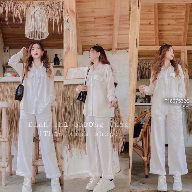 Set trắng áo sơ mi tay dài phối quần dài ống suông! Sỉ: 235K