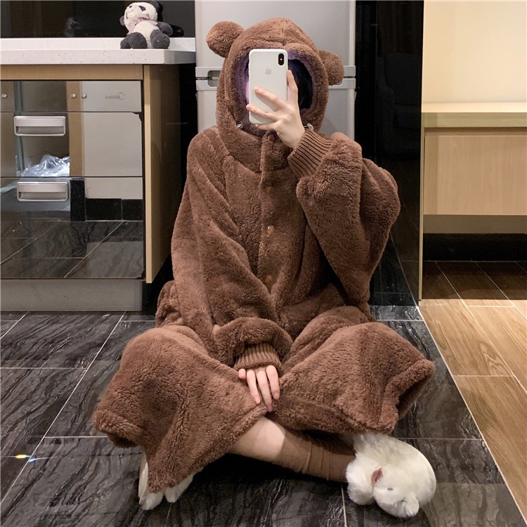 {Nightgown} Bộ Đồ Ngủ Vải Lông Hai Mặt Có Mũ Trùm Đầu Hình Gấu Dễ Thương Mặc Ở Nhà Ngoài Trời Thời Trang Thu Đông Cho Nữ 4JA9 * & & * | BigBuy360 - bigbuy360.vn