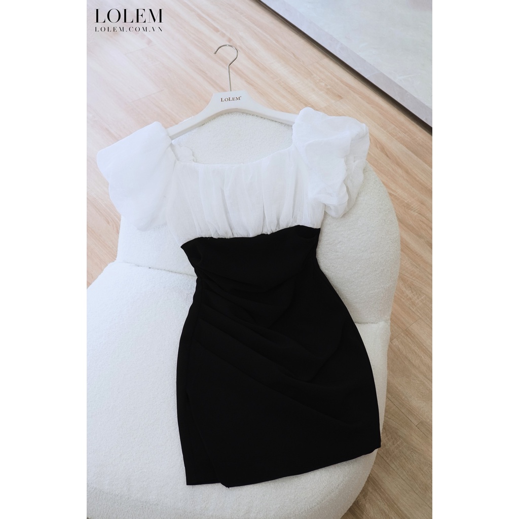 Đầm ôm body LOLEM DO173 chéo vạt trễ vai phối linen thân váy xếp ly 3D