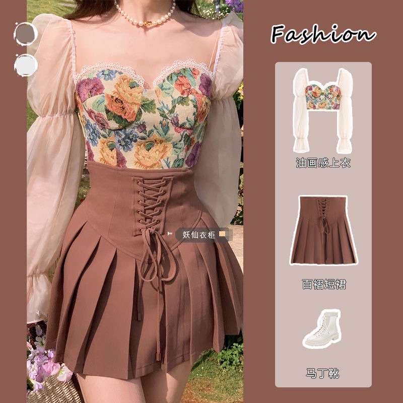 Sẵn S♥️Set áo croptop hoạ tiết vintage tay voan loe + chân váy ngắn cạp cao corset