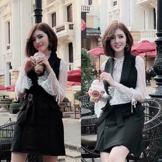 Set đầm vest thắt eo + áo ren