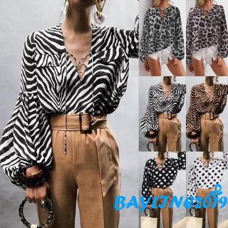 Áo kiểu tay dài cổ chữ V họa tiết da báo thời trang cho nữ