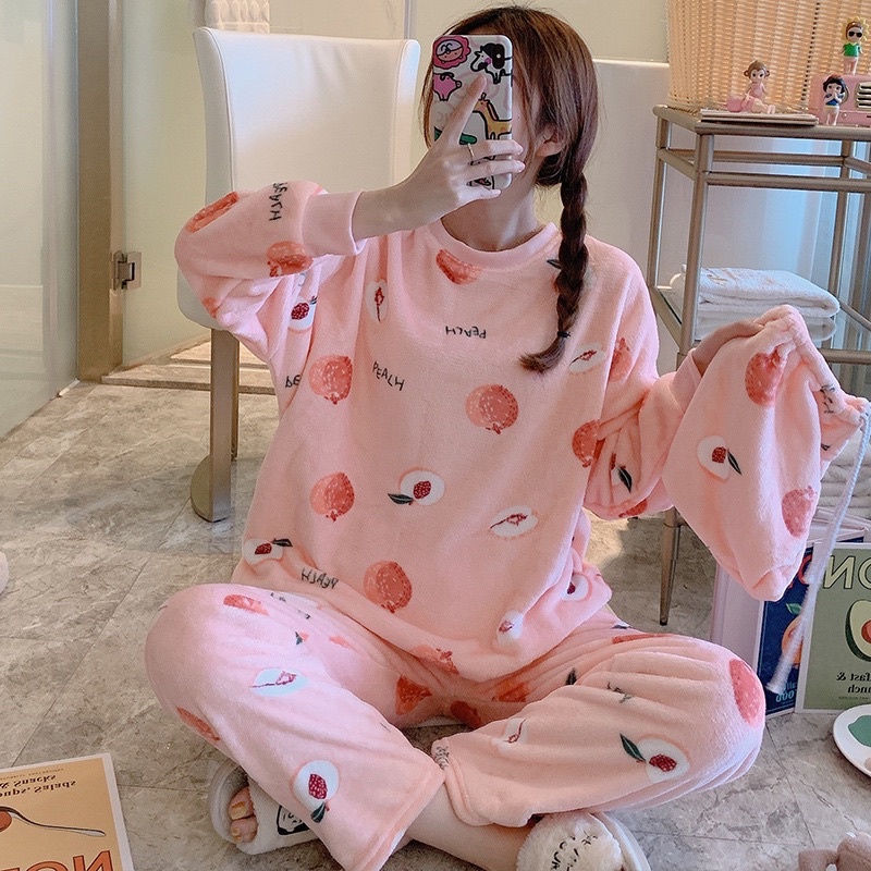 Bộ Ngủ Bông Dài Tay Hình Gấu, Đồ Ngủ Nữ, Chất Lông Mềm Mịn, Dày Dặn, Gấu Cute, Thêu, Dệt Hoạ Tiết, Hàng Quảng Châu | BigBuy360 - bigbuy360.vn