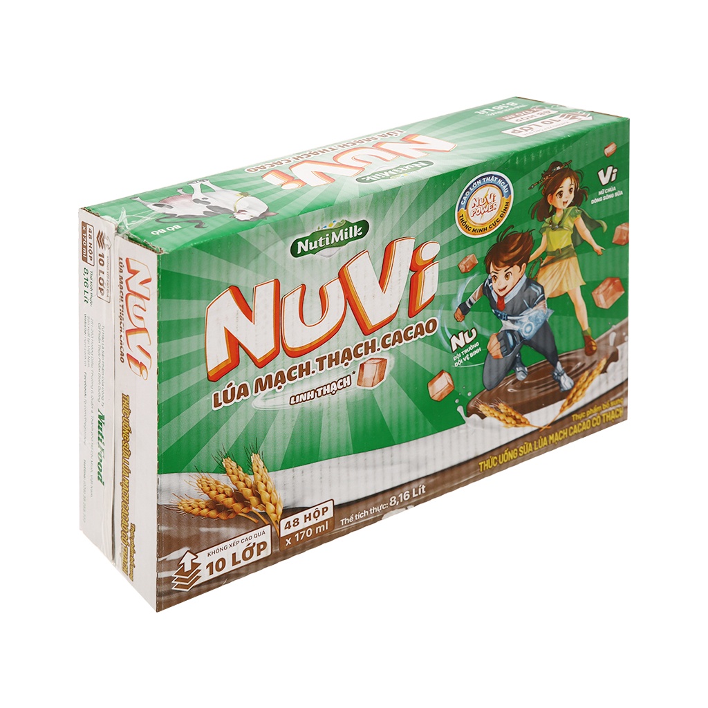 Thùng 48 hộp sữa lúa mạch cacao có thạch NutiFood Nuvi 170ml hsd 10/2022