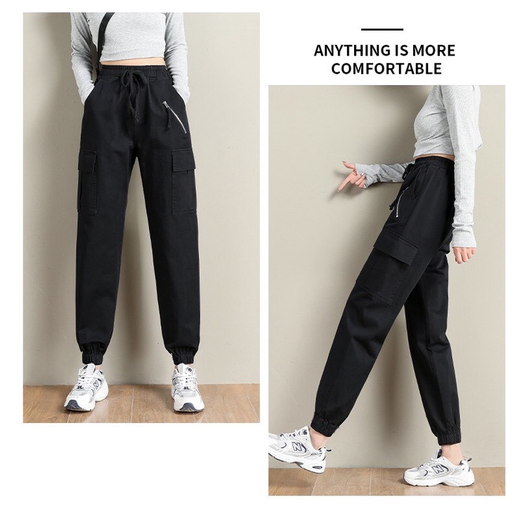 Quần jogger túi hộp nữ thể thao from rộng vải gió dù Hàn Quốc co giãn phong cách quần thể thao nữ bo gấu tập nhảy