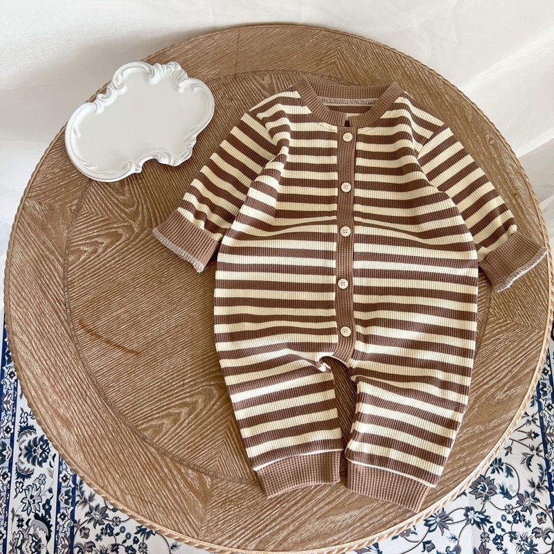 Bộ Áo Liền Quần Bằng Cotton Tay Dài Họa Tiết Kẻ Sọc Phối Màu Thời Trang Mùa Thu Phong Cách Hàn Quốc Dành Cho Bé Trai Gái 0-2 Tuổi