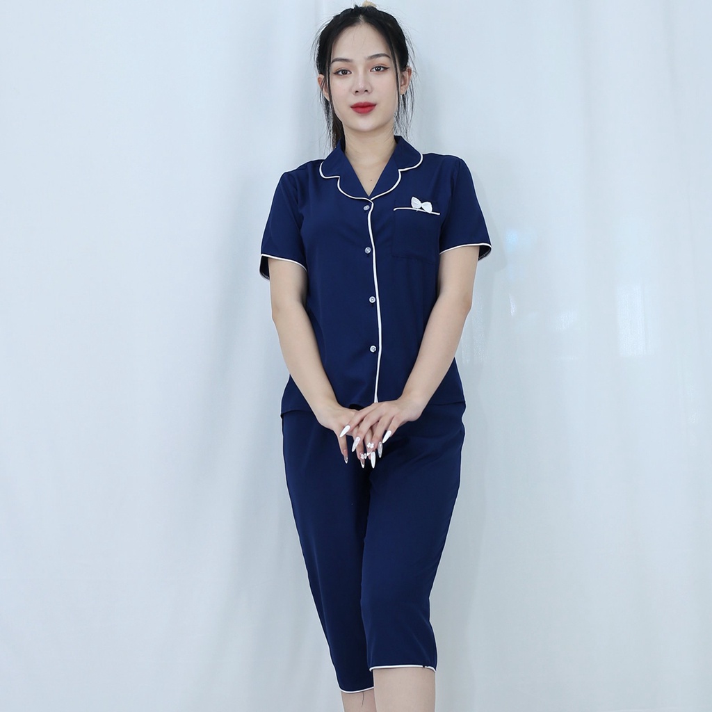 Bộ quần áo Pijama nữ XANH ĐEN Ngắn Tay Quần Lửng vải  lụa cao cấp - Thoáng Mát Thoải Mái - Mặc là thích ngay !
