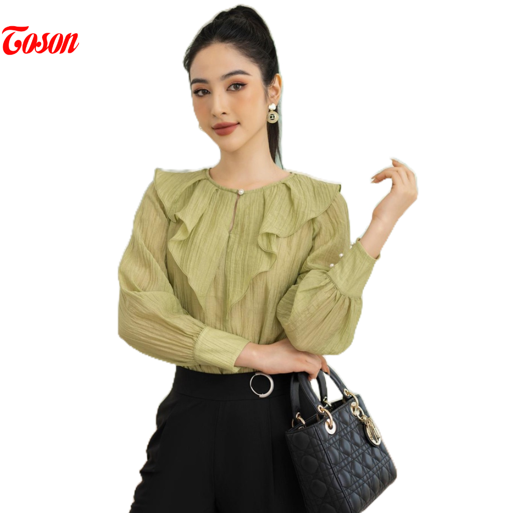 Áo sơ mi tơ xanh cốm cổ bèo to cắt chéo Toson 11964X52