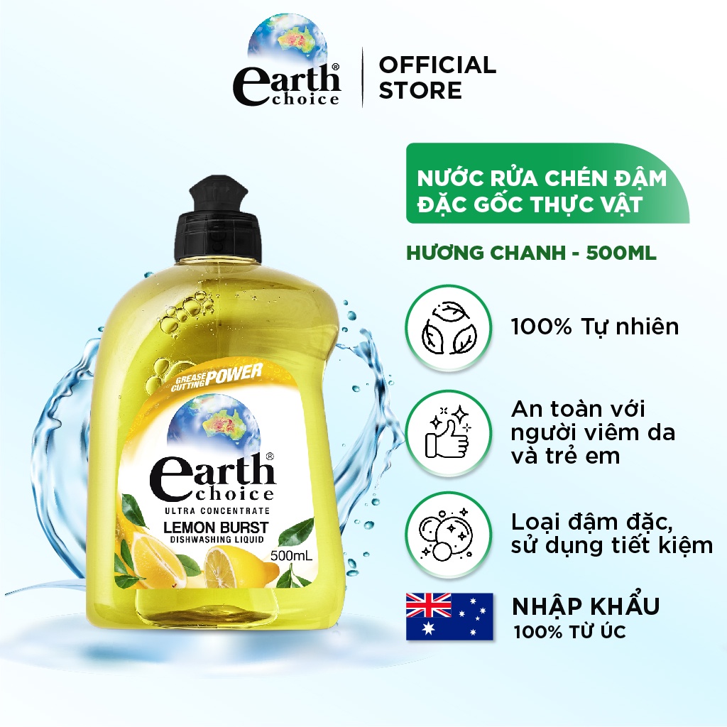 Nước Rửa Chén Đậm Đặc EARTH CHOICE Gốc Thực Vật An Toàn Với Cả Đồ Dùng Ăn Uống Của Bé Hương Chanh Dung Tích 500ml