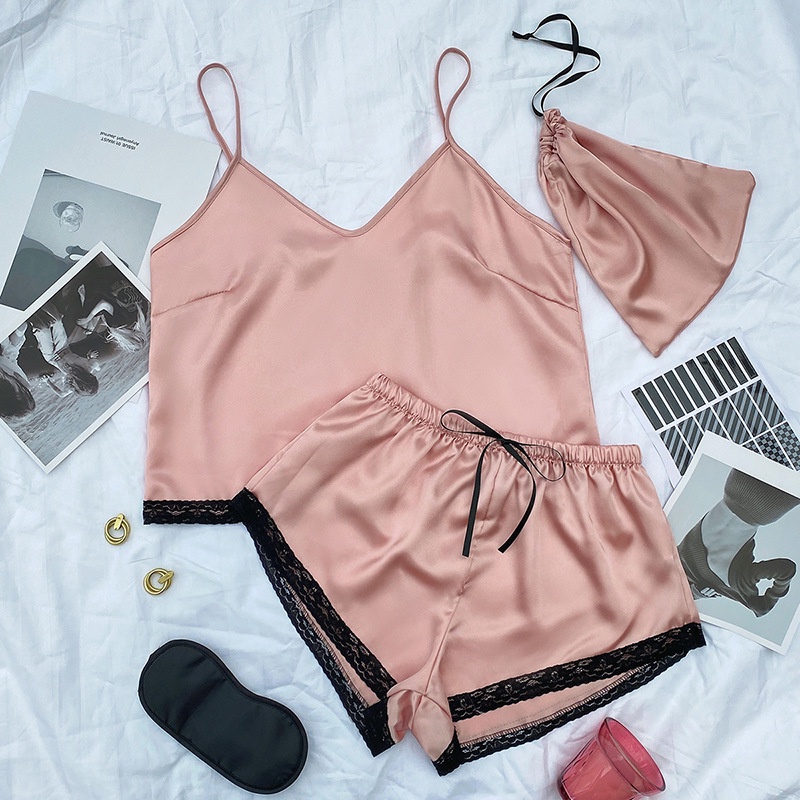 Bộ Đồ Ngủ Vải Lụa Lạnh Mỏng Hở Lưng Cổ Chữ V Gợi Cảm Cho Nữ