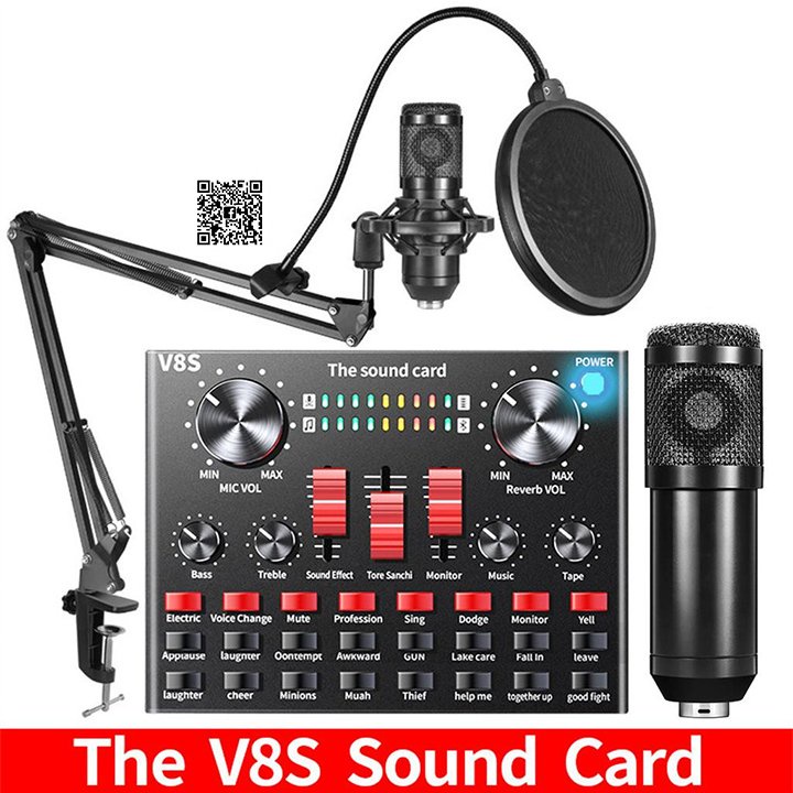 Bộ sound card âm thanh V8S micro thu âm BM900 và kẹp thu âm, màng lọc