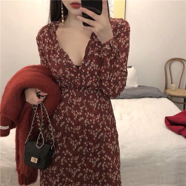 Combo váy hoa nhí dài mix áo len