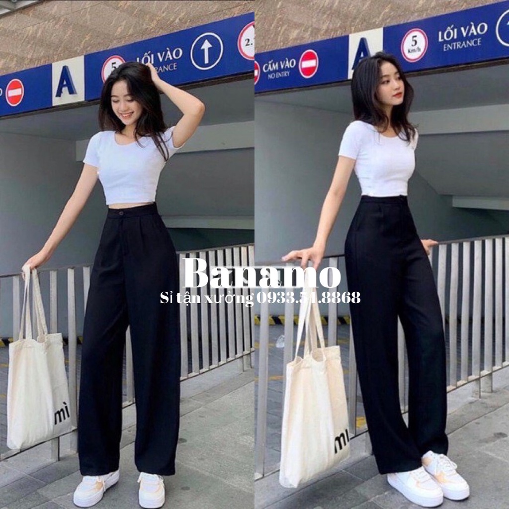 Quần ống rộng suông lưng cao khóa trước 1 khuy vải tuyết mưa thời trang Banamo Fashion 933