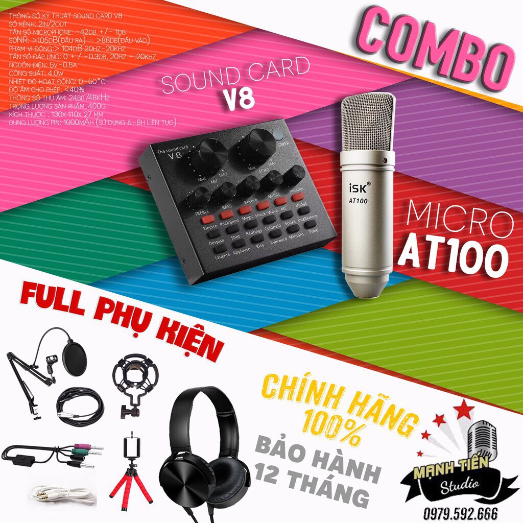 [Xả Kho Sale Cực Lớn] Trọn bộ AT100 + Soundcard V8 thu âm chuyên nghiệp, livestream fb, bigo, tiktok, hát karaoke,..