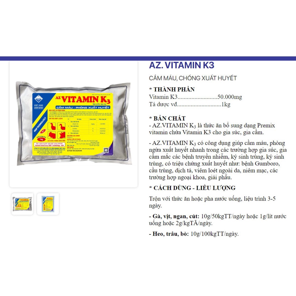 Cầm máu, phòng xuất huyết VITAMIN K3 . Vitamin K dạng hòa tan dùng trọng Cầu Trùng, Gumboro, Dịch Tả, Viêm ...