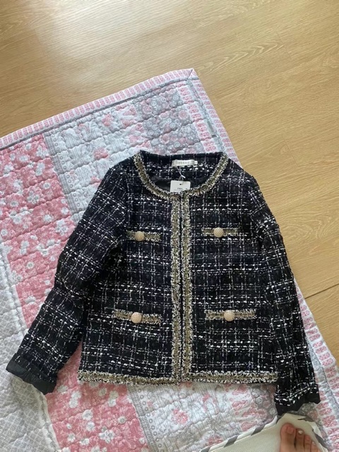 Áo khoác dạ tweed cổ tròn dáng ngắn/ áo dạ kẻ tweed kẻ phối màu