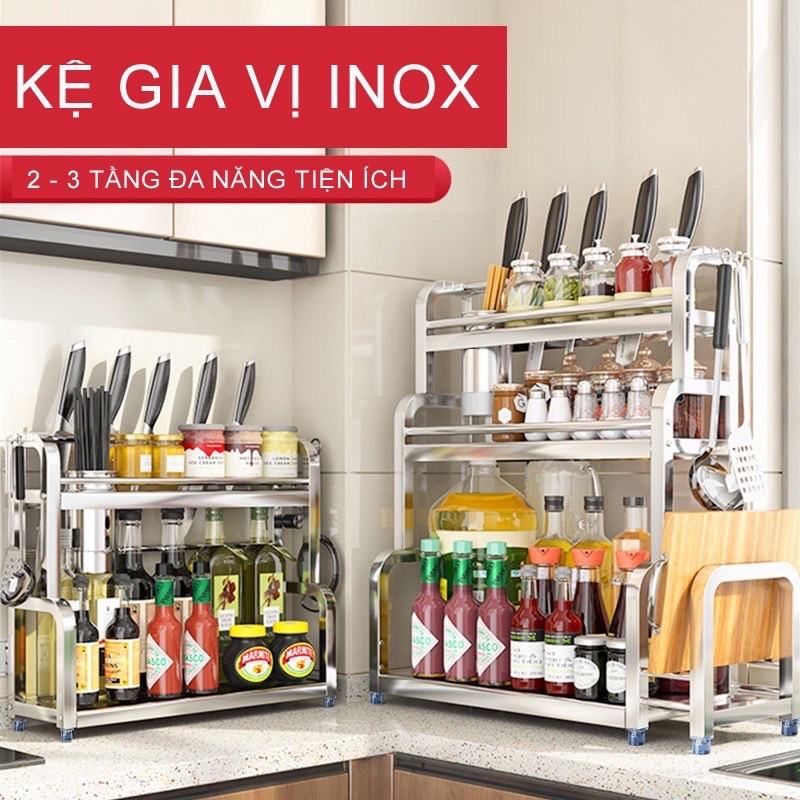 Kệ Đựng Gia Vị Nhà Bếp INOX 304 Đặt Bàn Cao Cấp Không Han Gỉ,  Tặng Kèm Khay Để Thớt, Cắm Dao Tiện Dụng