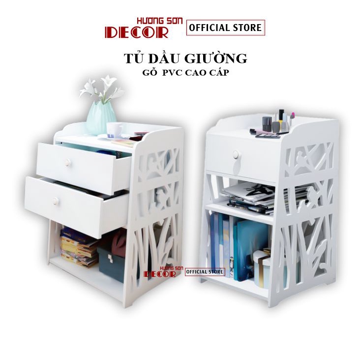 Tủ đầu giường mini trang trí phòng ngủ chất liệu gỗ PVC mầu trắng sang trọng TĐG