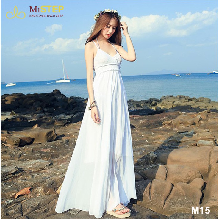 Váy Maxi Màu Trắng 2 Dây Đi Biển Đẹp