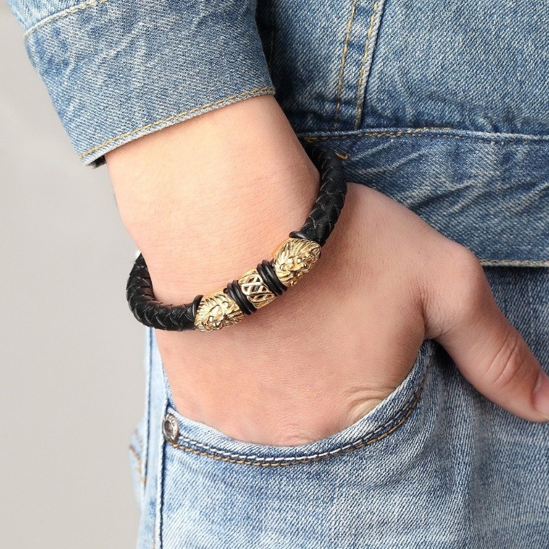 Vòng Tay Da Phối Khóa Nam Châm Bằng Thép Không Gỉ Thời Trang Cho Nam