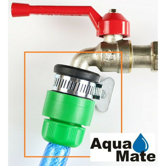 Đầu khớp nối dây ống với miệng vòi nước có đai xiết inox Aquamate