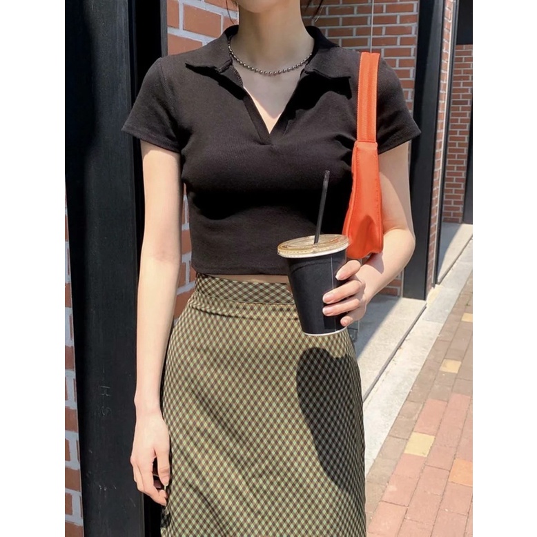 Áo croptop nữ kiểu ôm có cổ tay ngắn, Áo polo nữ croptop crt Ulzzang crop top sơ mi phông thun cổ bẻ sexy cá tính đen | BigBuy360 - bigbuy360.vn