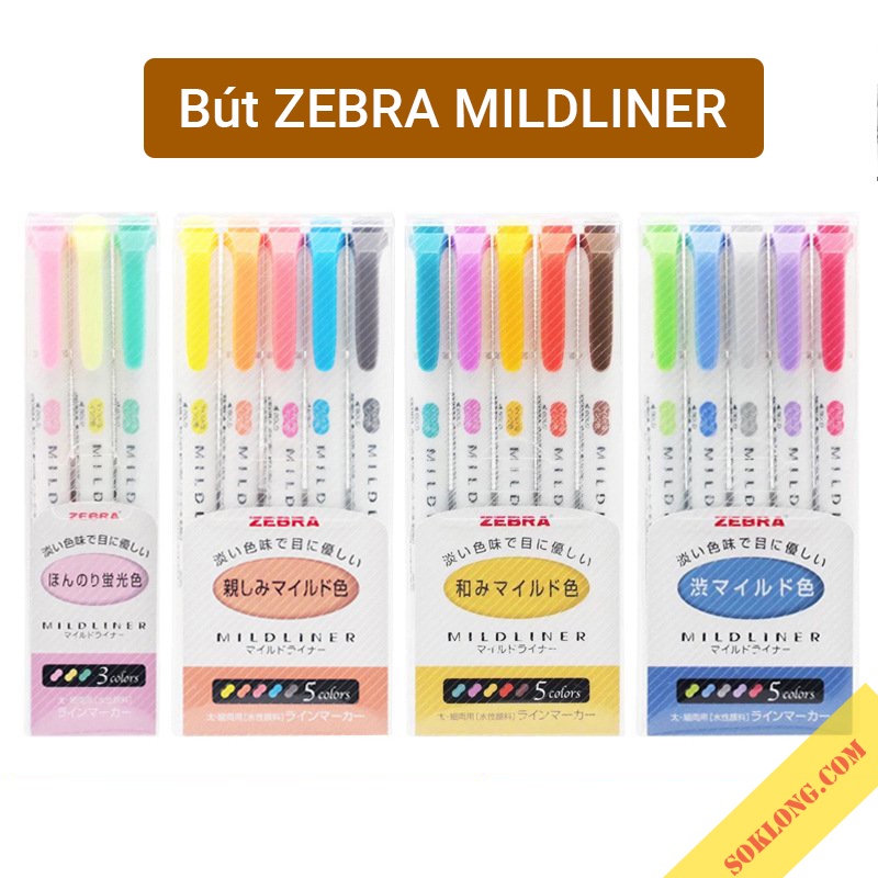 Bộ 5 bút highlight 2 đầu Zebra Mildliner Nhật Bản chính hãng, bút đánh dấu nhiều màu HI04