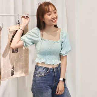 Áo tay phồng dập nhún chun co dãn (xanh mint)