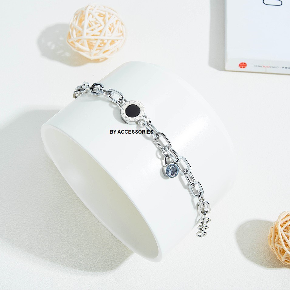 Lắc tay titan xích chữ nhật bầu phối mặt tròn khắc số la mã không gỉ UB200305