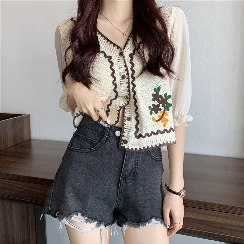 Áo cardigan ZHELIHANGFEI dệt kim tay ngắn cổ V thêu họa tiết hoa xinh xắn cho nữ