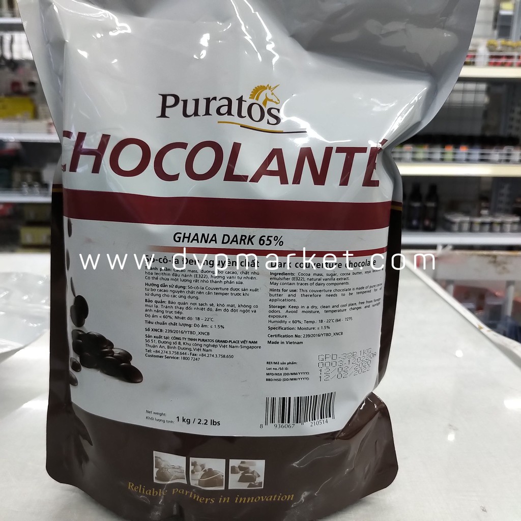 Socola puratos nút đen Ghana dark 65% 1kg