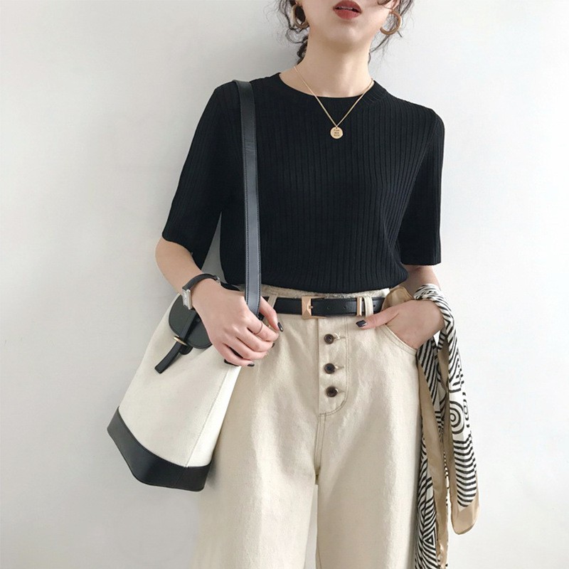 Áo Len Tăm Cộc Tay SANJOLI nữ tay ngắn cổ tròn kiểu Ulzzang Hàn Quốc Thiết kế Dáng Basic AO024 | BigBuy360 - bigbuy360.vn