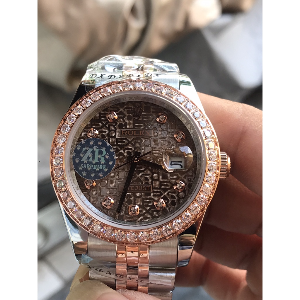 Đồng hồ nam Rolex đồng hồ cơ máy nhật mặt màu nâu cafe 3D viền đá size 41-42mm