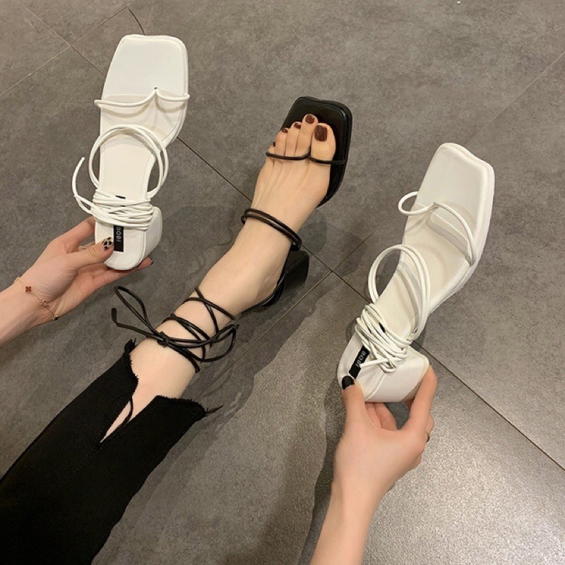 Sandal nữ buộc dây xỏ ngón thời trang đi biển gót vuông cao 5cm