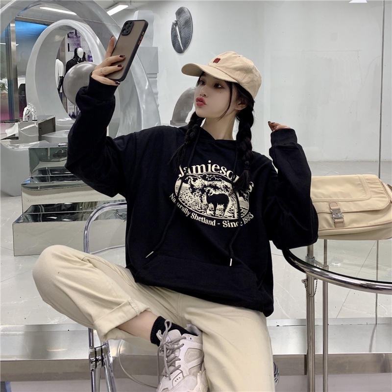 Áo Hoodie Form Rộng Họa Tiết In Theo Phong Cách Preppy Dễ Phối Đồ