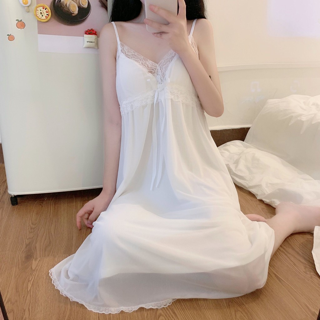 [ORDER TMALL 271] Váy Ngủ Lụa Công Chúa Hai Dây Ren Sexy Đệm Ngực
