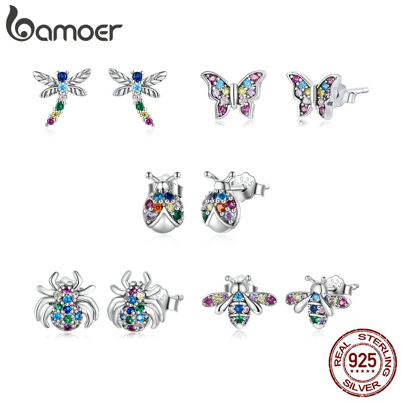 Bông tai xỏ lỗ Bamoer Bse559 BạC 925 hình côn trùng nhiều màu sắc 5 loại làm quà tặng trang sức thời trang cho nữ