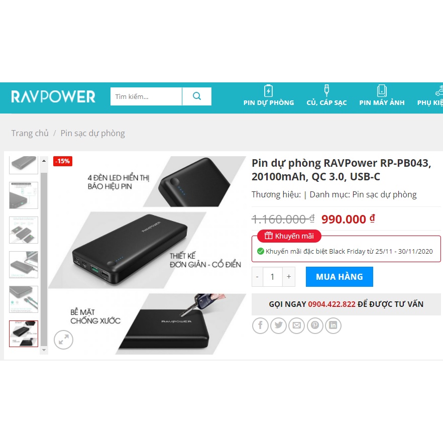 Sạc Dự Phòng QC 3.0 Ravpower  20100 mAh - RP-PB043 - PD 3.0 - 18W - Sạc Thông Minh ismart+ - Hàng Nhập Khẩu Chính Hãng