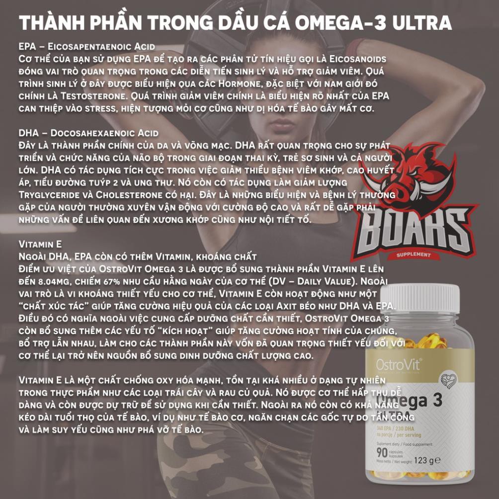 Dầu cá Ostrovit Omega-3 Ultra hàm lượng cao, kết hợp thêm vitamin E giúp tăng hiệu quả của omega3 trong fish oi(90 viên)