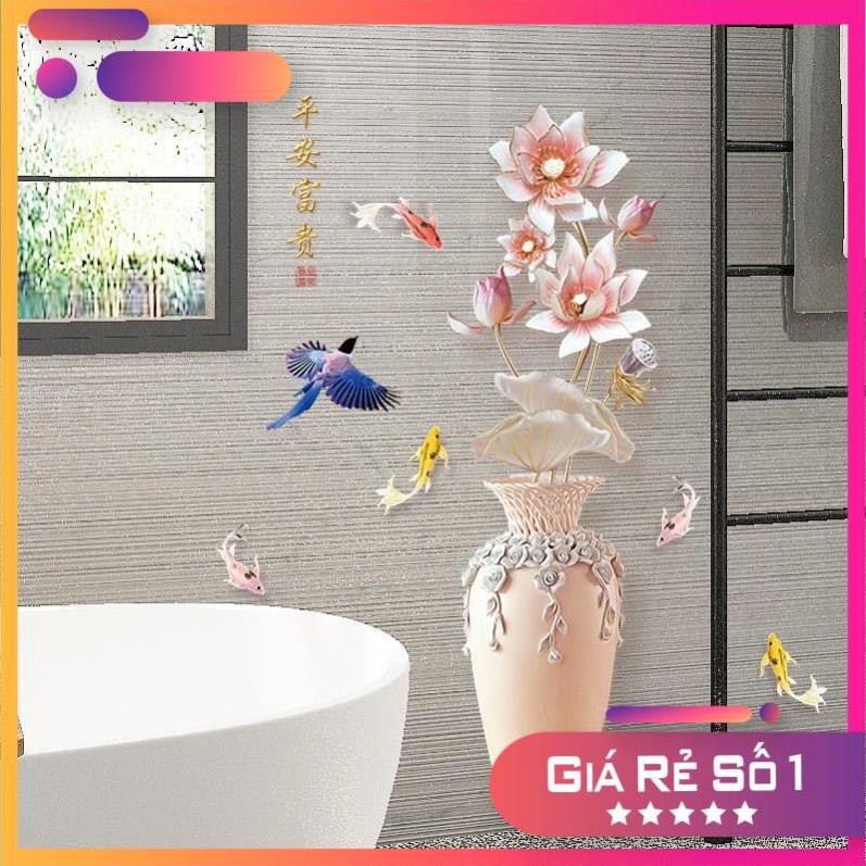 [GIÁ SẬP SÀN] Tranh dán tường bình gốm hoa sen, Decal bình gốm, Tranh 3D trang trí phòng khách