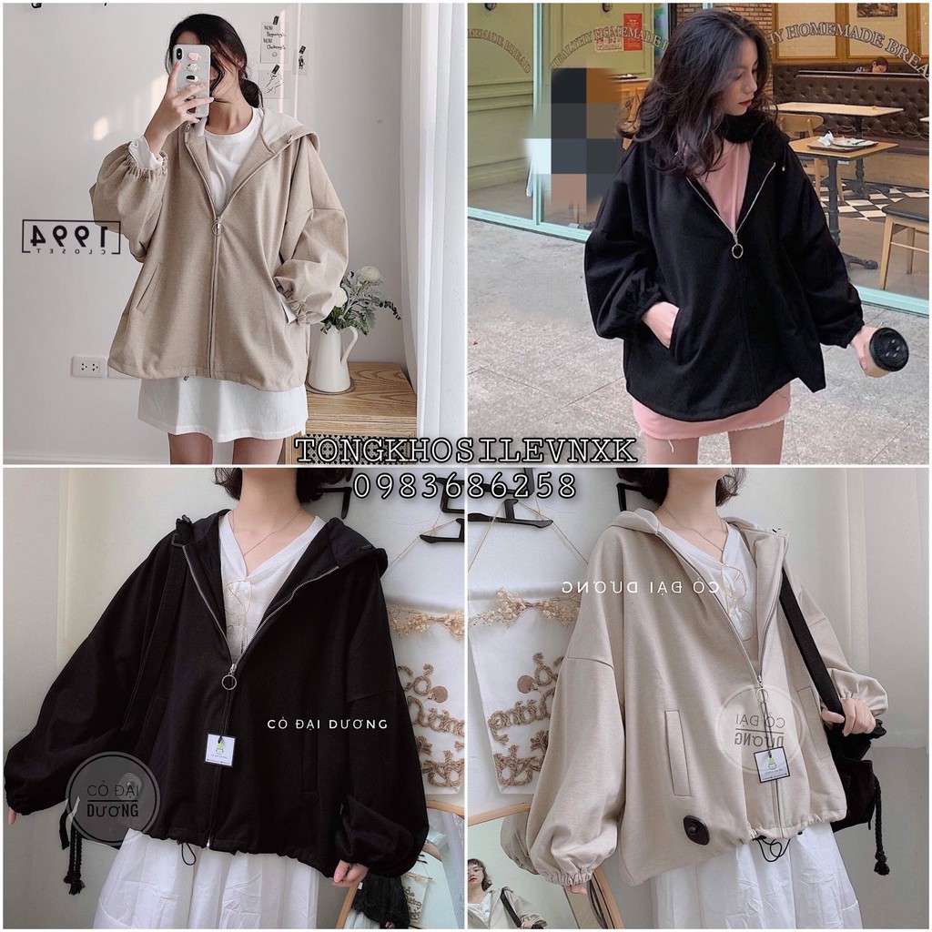 ÁO KHOÁC RoundLock Tay Bồng Nữ BASIC :cherry_blossom: Jacket Kaki khóa tròn form rộng bigsize màu ĐEN | BE - NÂU Ulzzang