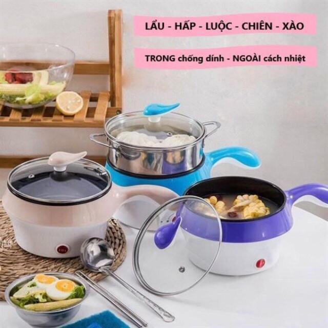 Nồi Lẩu Điện 🍀FREESHIP️🍀 Nồi Lẩu Mini Chống Dính Hai Tầng Đa Năng Tặng Kèm Khay Hấp - GD117