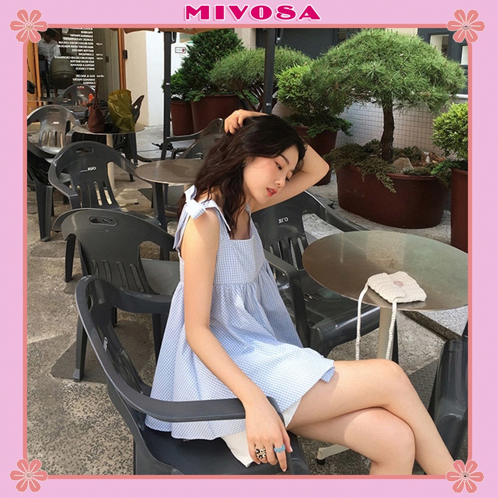 Set bộ nữ style Hàn Quốc set áo babydoll hai dây thắt nơ kẻ xanh và quần short trắng cực xinh MIVOSA SK001 | BigBuy360 - bigbuy360.vn