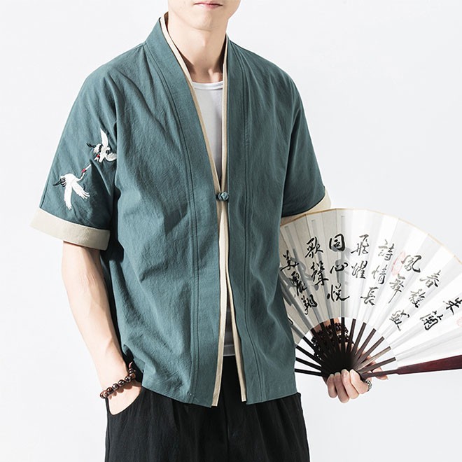 Áo Khoác Thô Đũi Nam Phong Cách Nhật Thêu Hạc Trên Vai