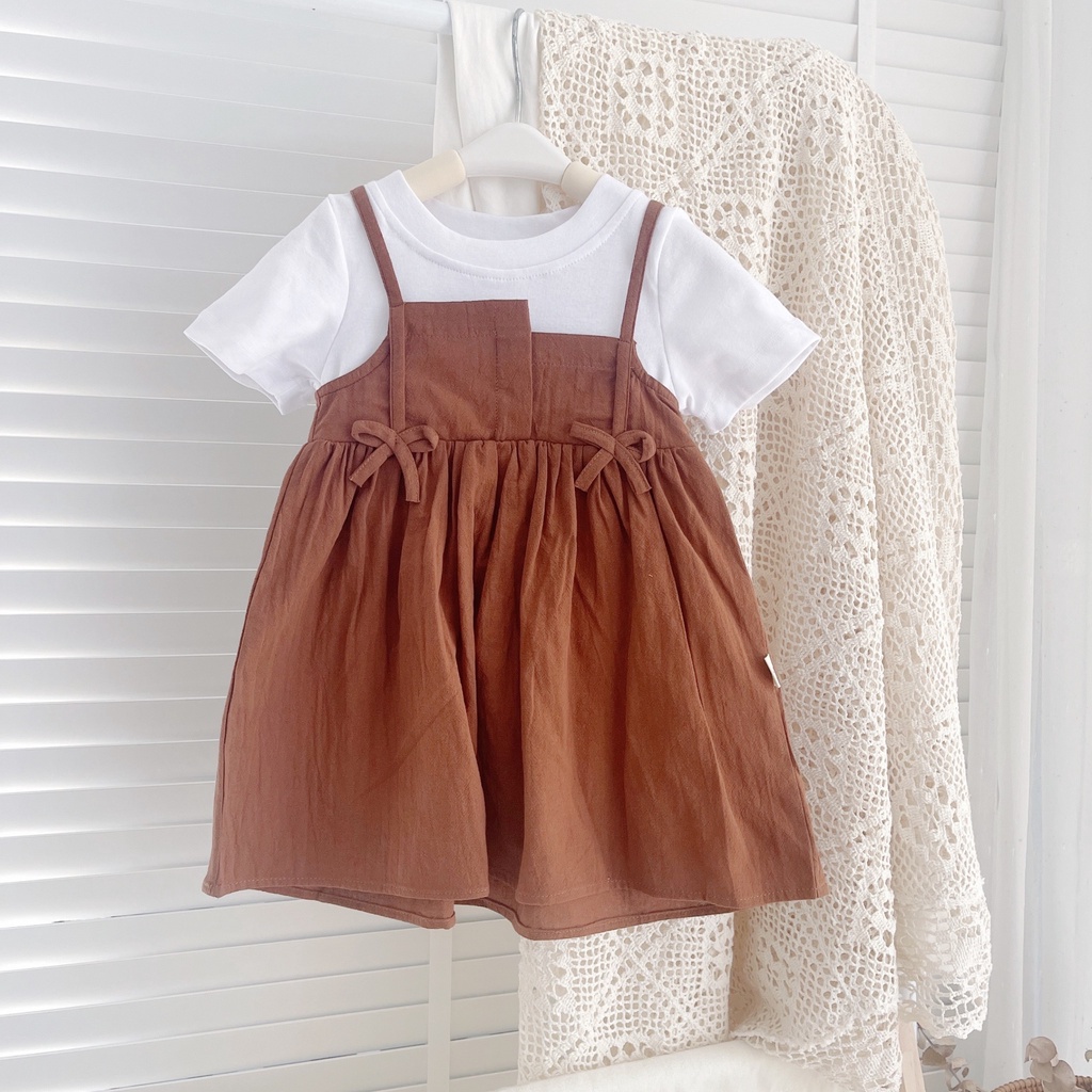 Váy hè cộc tay giả yếm nơ eo cho bé gái 8-21kg (1-5 tuổi