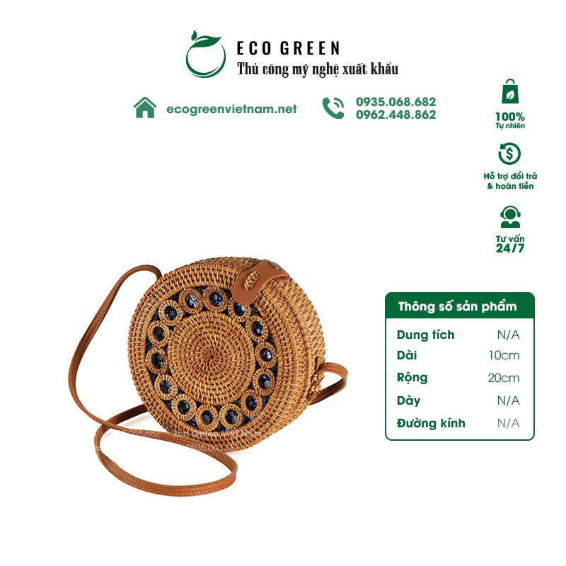 [Hàng Xuất Khẩu] Túi xách guột tròn mây tre thêu hoa văn | Eco Green